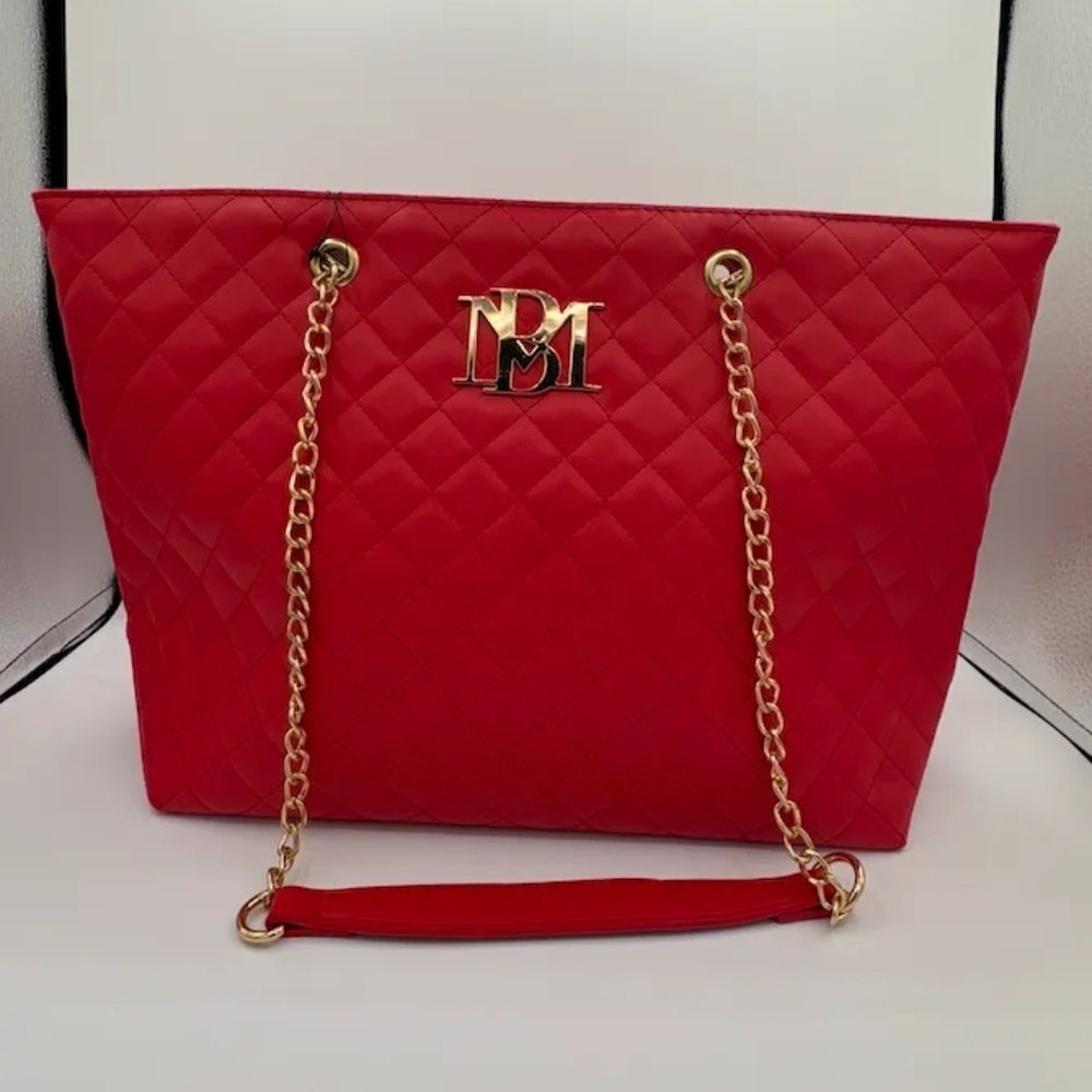 Elegant Red Quilted Tote Bag with Gold Chain
